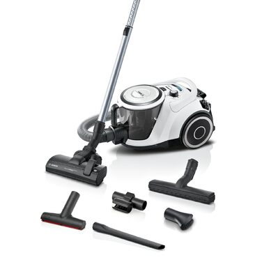 Безмішковий пилосос Bosch Serie 6 BGC4ALL, для підлоги, вибір експертів 2023, ідеальний для алергіків, гігієнічний фільтр, насадка для твердих поверхонь, XXL-насадка для м'яких меблів, висока потужність всмоктування, низький рівень шуму, 700 Вт, білий