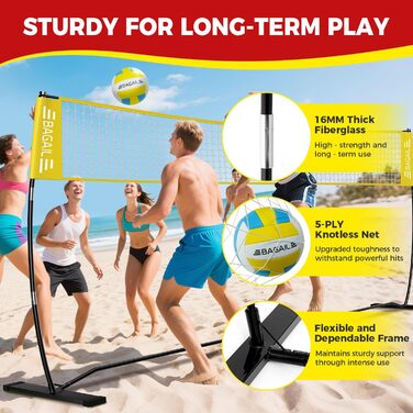 Волейбольна сітка BAGAIL 3,6 м / 6,1 м – портативна для заднього двору, регульована висота, міцна рама, окремостояча конструкція, набір для приміщень та вулиці, 12 футів