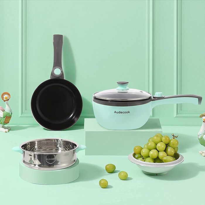 Електрична гаряча каструля Audecook з пароваркою, електрична сковорода, каструля для гарячого горщика 20 см, міні-електрична сковорода з антипригарним покриттям, мультиварка з подвійним регулюванням потужності для гуртожитку (A (зелена/1.5 л з пароваркою)