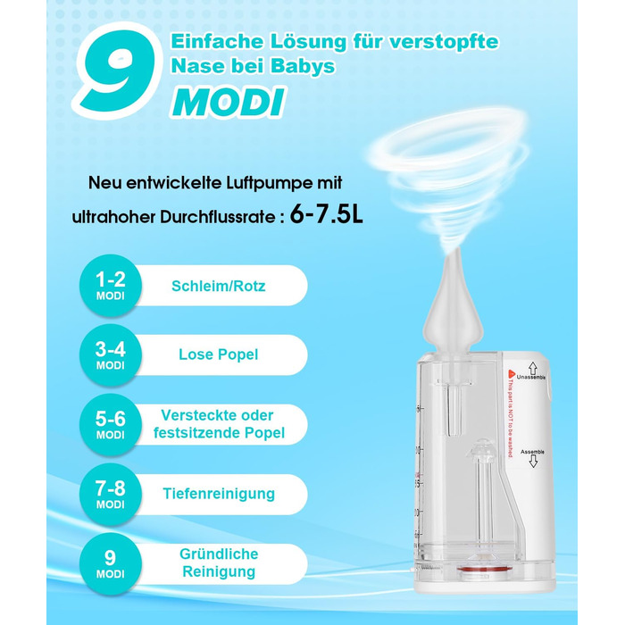 Електричний назальний аспіратор WADEO Baby з дезінфекційною камерою та 9 регульованими рівнями всмоктування, електричний назальний