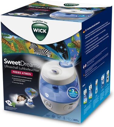 Зволожувач холодного повітря Wick SweetDreams із проекцією світла Для дитячих і дитячих кімнат Для кімнат до 35 м Подушка з ефірними маслами в комплекті Тиха ультразвукова технологія WUL575