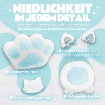 Милий ігровий стілець з котячою тканиною з поперековою подушкою у формі котячої лапи та котячими вушками, ігровий стілець з підставкою для ніг, ергономічний ПК-стілець для дітей, дорослих та дівчаток, вантажопідйомність 140 кг, синьо-білий