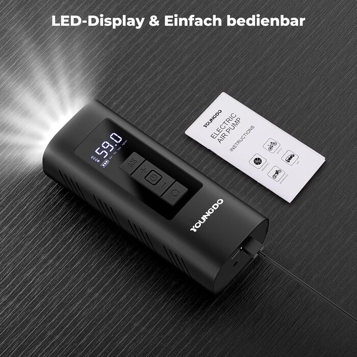 Електричний повітряний насос YOUNGDO, велосипедний компресор, 170x69x50 мм, 10.3 бар / 150 PSI, пластик/метал, чорний