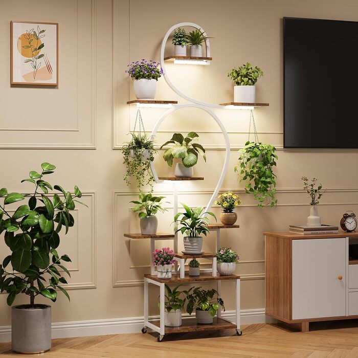 Підставка для рослин HAUSPROFI 190 см з лампою для вирощування - 9-ярусна металева та дерев&39яна підставка для квітів, полиця для рослин, квіткові драбини для приміщень та вулиці, декоративна полиця для саду, біла