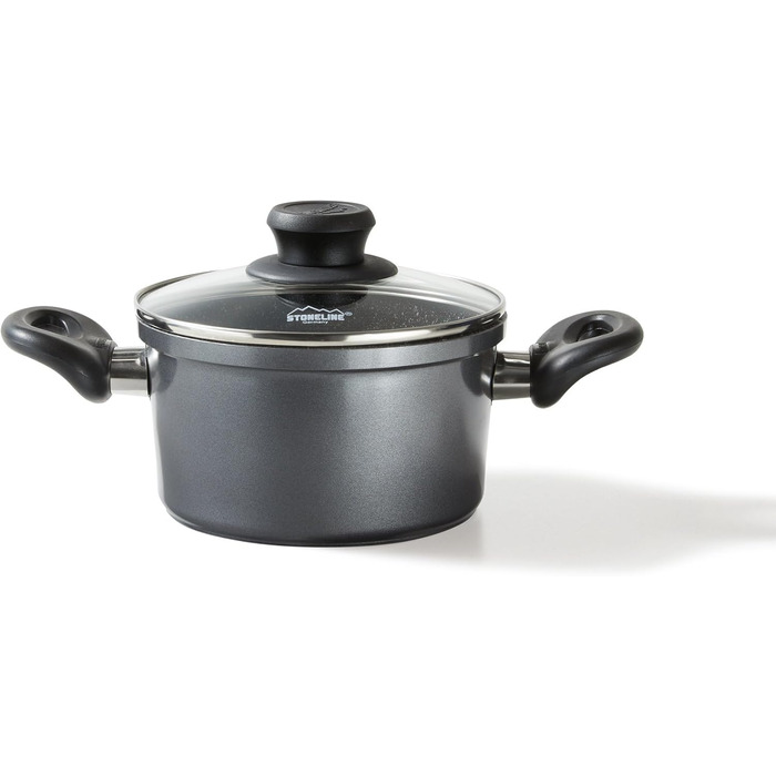 Каструля Stoneline 16 см, з кришкою, індукційна, лита алюмінієва, покрита справжніми частинками каменю, сіра, каструля з покриттям