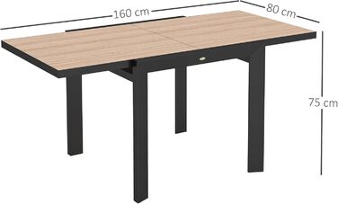 Розсувний садовий стіл Outsunny, алюміній, 80/160x80 см, водонепроникний, нековзний, фуршетний стіл, кемпінговий стіл на 6 осіб, стіл для патіо, обідній стіл на вулиці для саду, тераси, балкона, натуральне дерево