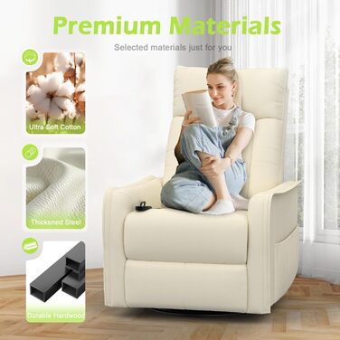 Крісло для телевізора, масажне крісло з функцією відкидання, крісло для релаксації з підігрівом та масажем, крісло для телевізора з поворотом на 360 для вітальні, крісло-гойдалка з м&39яким підголівником, 2 бічні кишені, ПУ кремово-білий колір