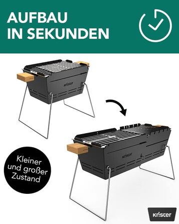 Портативний вугільний гриль Knister Ідеально підходить як кемпінговий гриль та вогнище Для 2-6 осіб З міцною решіткою з нержавіючої сталі та виготовлено в Німеччині Чорний
