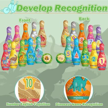 Гра STAY GENT у боулінг з динозаврами для дітей, м&39який набір для боулінгу з 10 кеглями та 2 м&39ячами, дитяча іграшка, іграшка для приміщень, саду та вулиці, ігри, подарунки для дітей віком 2, 3, 4, 5, 6 років, хлопчики та дівчатка, вишневий жовтий ква