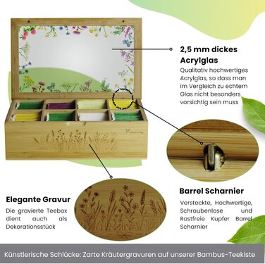 Преміальна чайна коробка з 8 відділеннями, акриловим скляним віконцем, гравіюванням трав та магнітною застібкою - універсальне використання для чайних пакетиків, кавових капсул тощо (Mattem Wildflower Meadow)