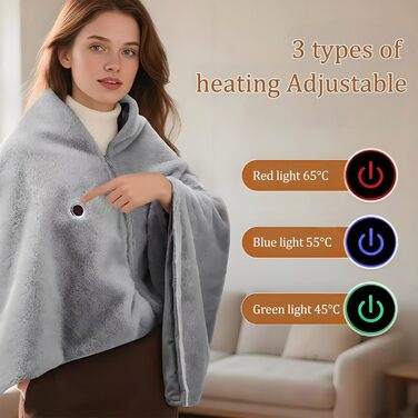 Бездротова електрична ковдра з 8-зонним обігрівом, 3 режими нагріву, подовжувач 1,5 м, хутро кролика, можна прати, електрична ковдра, яку можна носити, для дивана, офісу, автомобіля, кемпінгу, сіра