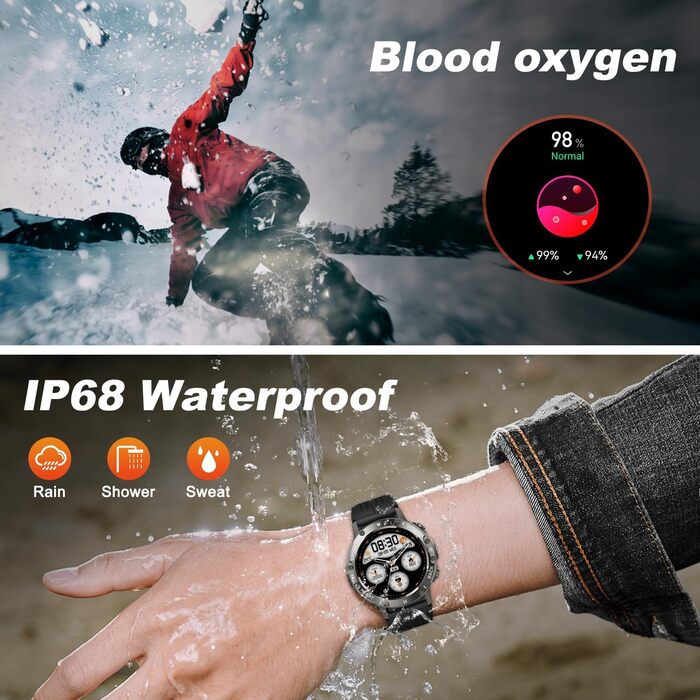 Військовий смарт-годинник для чоловіків з функцією телефону водонепроникний наручний годинник, фітнес-трекер, Bluetooth-дзвінки, смарт-годинник з монітором серцевого ритму, сну, спортивний годинник, крокомір, годинник для Android, iOS, чорний