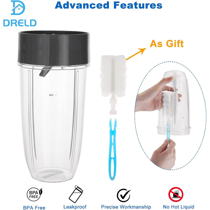 Запасні частини блендера DRELD з 5 предметів, сумісні з блендером NutriBullet Juicer 600 Вт/900 Вт, з кухлем 132 унції, 1запасним лезом екстрактора, 2гумовими ущільнювачами, 1щіткою, аксесуарами Nutribullet