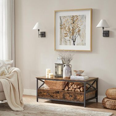 Журнальний столик VASAGLE, стіл для вітальні, диван-столик, для вітальні, з шухлядами, X-подібні стійки, відкритий відсік, промисловий дизайн, вінтажний коричнево-чорний LCT201B01 Рустикальний коричневий чорний