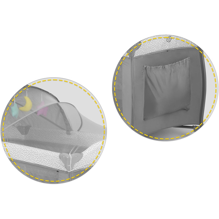 Дитяче ліжечко Ricokids з матрацом, 125 x 65 x 78 см, дорожнє ліжечко, вагою до 15 кг, 2 колеса з гальмами, бічний вхід, сумка для перенесення, функція гойдання, ігрова арка, пеленальний столик, складний, світло-сірий
