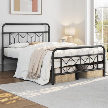 Металеве ліжко Yaheetech 140 x 200 см Вінтажний каркас ліжка з високим узголів&39ям, сучасне мінімалістичне двоспальне ліжко з рейковою основою та місцем для зберігання під ліжком для спальні, чорне 140 x 200 см