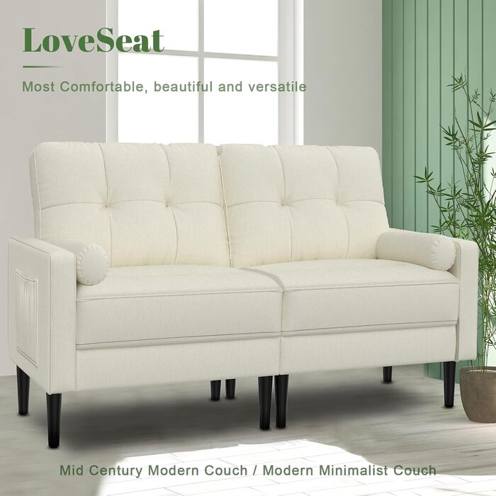 Місний диван, невелика кушетка з 2 подушками та підлокітниками, лляний диван у стилі середини століття для вітальні, спальні, бежевий кремовий колір, 2-