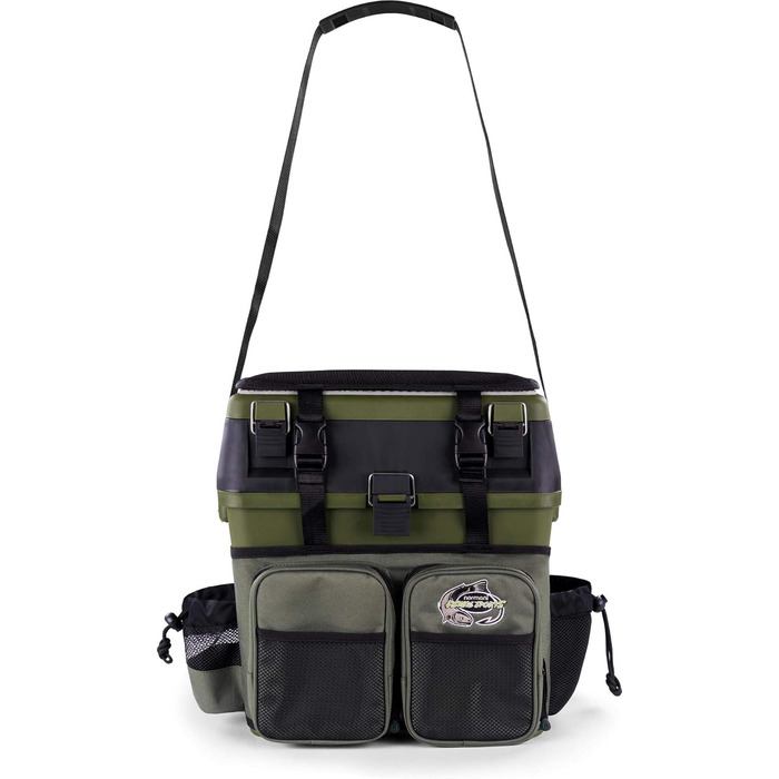 Скринька для рибальських снастей, рибальська сумка, м&39яка скринька для сидіння з функцією сидіння, скринька для снастей з функцією рюкзака та прикріпленими кишенями - включаючи 4 скриньки для рибальських аксесуарів, колір темно-зелений