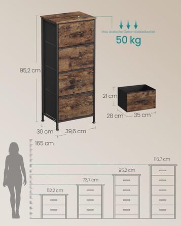 Комод SONGMICS, шафа, 4 тканинні шухляди, шафа для зберігання, сталь, МДФ, неткане полотно, для спальні, коридору, вітальні, вінтажний коричневий-чорний LGS314BH04 4 шухляди вінтажний коричневий чорнильний