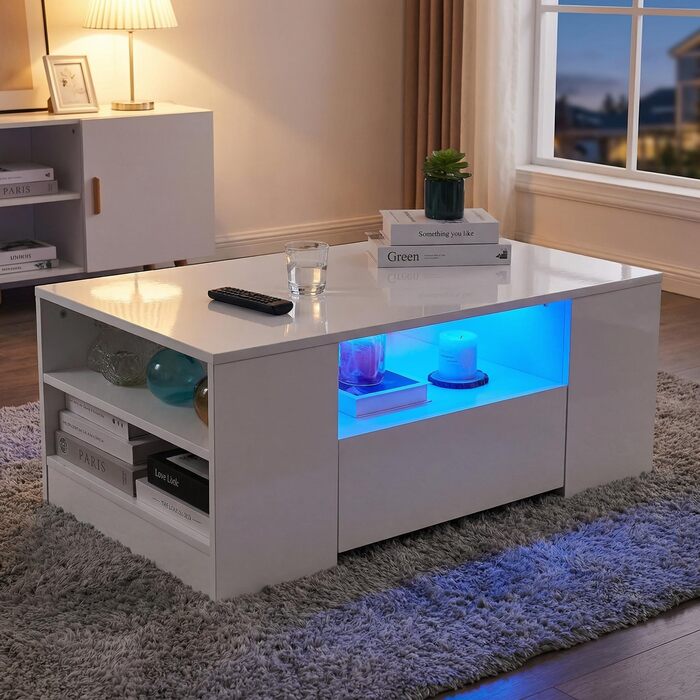 Журнальний столик зі світлодіодним підсвічуванням, сучасний диванний столик, стіл для вітальні з 2 шухлядами, 100x55x37 см, білий