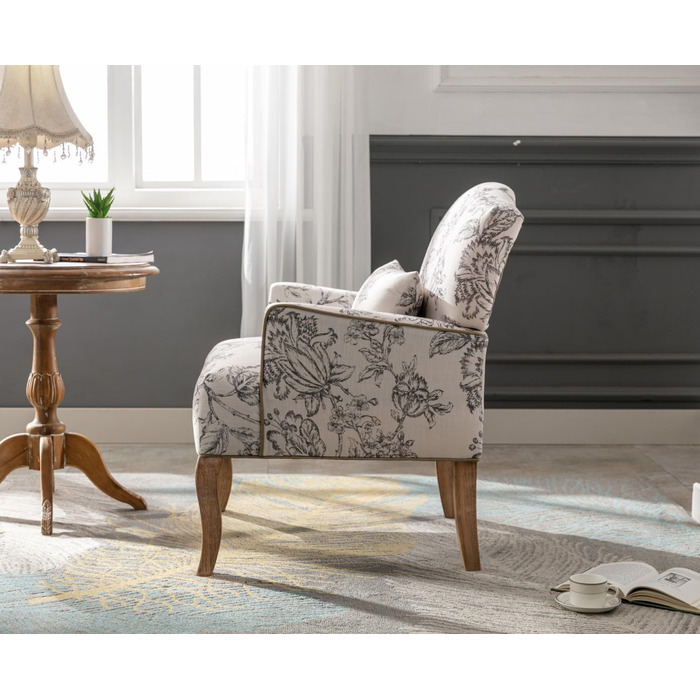 Вінтажне крісло з підлокітниками, м&39яке крісло з дерев&39яними ніжками та квітковим візерунком, одномісний диван, акцентне крісло з подушками для вітальні/спальні, бежевий