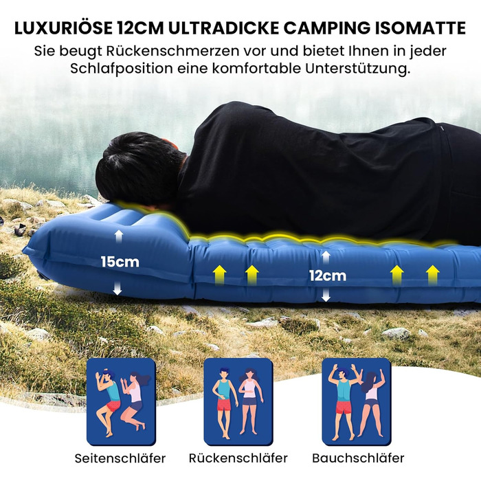 Надувний килимок для сну HIKENTURE 12 см, надлегкий, для кемпінгу для 2 осіб, з ножним насосом для активного відпочинку на природі, для походів, для намету темно-синього кольору
