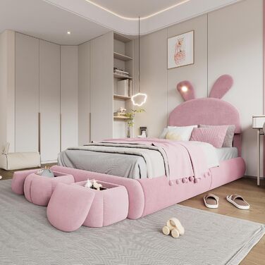 М&39яке ліжко 90x200 см, дитяче ліжко з 2 табуретами для зберігання речей та світлодіодним приліжковим освітленням, розкладні вушка зайчика, каркас ліжка зі світлодіодним освітленням для дівчаток, дитяче ліжко з рейковою основою, оксамит, рожевий, без мат