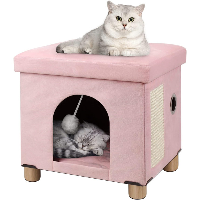 Складана котяча печера BRIAN & DANY для великих котів, котячий будиночок-пещера для котів з дряпалькою та ігровим м&39ячиком, скринька-підніжка з дерев&39яними ніжками 37,5 x 32,5 x 36 см, рожевий