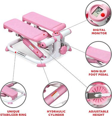 Степер Sunny Health & Fitness для домашнього використання, міні-степер для домашнього спортзалу, компактне обладнання для кардіотренувань всього тіла з додатковими поворотами, еспандерами та безкоштовним додатком SunnyFit 01 Pink