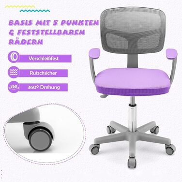 Дитяче письмове крісло FANTASK 80-91,5 см, регульоване молодіжне крісло зі спинкою та підлокітниками, обертове дитяче письмове крісло, фіолетове
