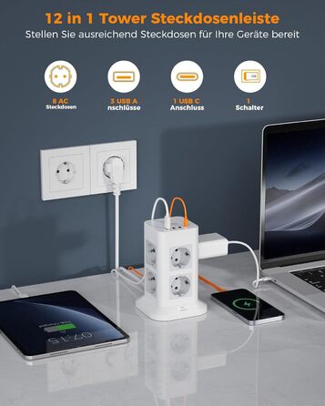 Місна розетка з USB C, захист від перенапруги з 3 USB і 1 USB C, розетка з вимикачем, подовжувач 2M для дому, 3600 Вт 2 метри, 8-