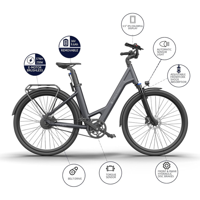 Електричний велосипед ADO E-Bike Air 28, педальний ремінний привід, 28 дюймів, 1 передача, задній двигун, акумулятор 345.00 Вт-год, ebike для жінок/чоловіків, безщітковий двигун 36 В 250 Вт, сірий