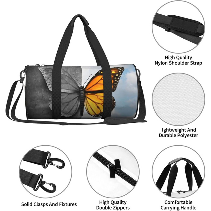Спортивна сумка, дорожня сумка, з вишуканим принтом метеликів, сумка для подорожей та на ніч, чорна, універсальний розмір