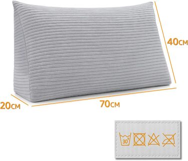 Клиноподібна подушка, подушка для спини, вельветова подушка, ширина 70 см - подушка для читання для ліжка, дивана та кушетки, велика подушка для дивана, настінна подушка, подушка для дивана, подушка для читання, опорна подушка для спинки, світло-сіра, шир