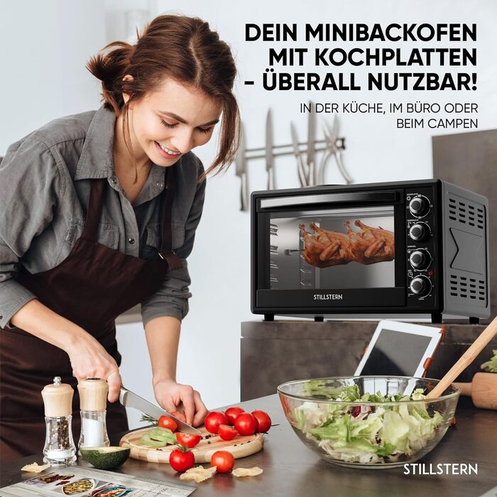 Міні-піч Stillstern з конфорками (45 л, піца Ø32 см, 7в1 аерофритюрниця, розморожування, гриль, тостер, запікання, смаження, варіння) кошик для смаження, конвекція, гриль, брошура з рецептами, ідеально підходить для кемпінгу