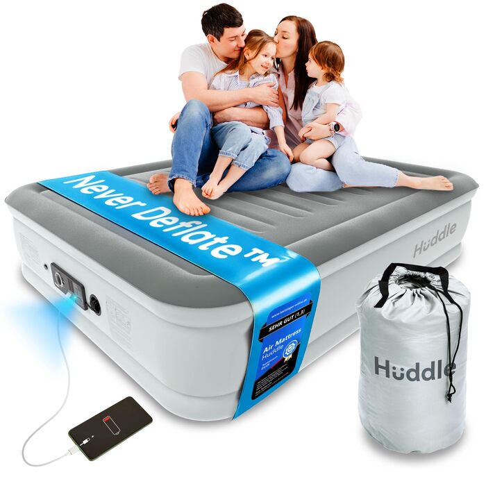Надувний матрац Huddle Never Deflate Luxury King, переможець премії Good Housekeeping 2025 Air Mattress Award, технологія SlumberGuard з подвійним насосом, регульована жорсткість, вбудований насос та нічник з USB-портом