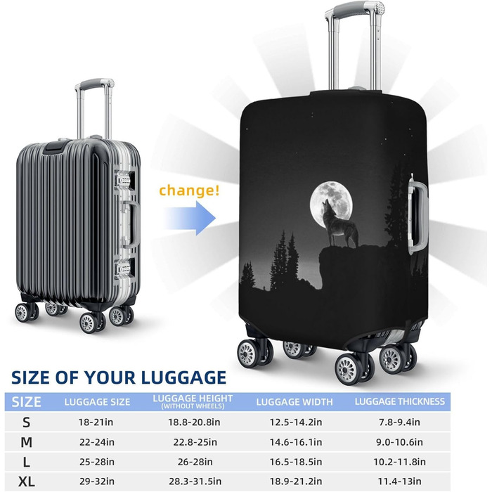 Чохол для валізи Вовчий Нічний Місяць, міцний захист для багажу, підходить для валіз розміром 45.7 - 81.3 см, малий, Чорний