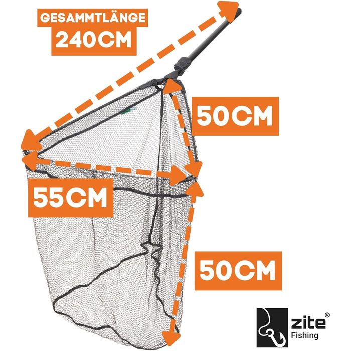 Підсак Zite для риболовлі - 2,40 м та 2,70 м - Easy Telescopic Technology, 60x60 см Гумований підсак, рибальська сітка 2,70 м