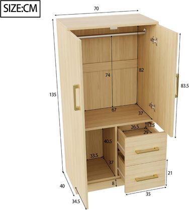 Шафа шириною 70 см, дводверна конструкція, висока/багатофункціональна шафа з полицею та шухлядами, висока шафа з вішалкою для одягу, колір дерева, меблі для спальні, колір дерева, 70x40x135 см
