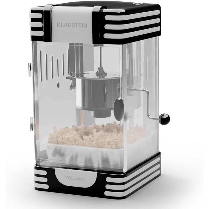 Машина для попкорну Klarstein маленька, машина для попкорну для солодкого та солоного попкорну, 300 Вт, ретро кухонні інструменти для попкорну з кукурудзи, машина для попкорну з контейнером з нержавіючої сталі, чорний 33 см (Ш) x 47 см (В) x 29 см (Г) Чор