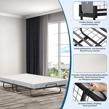 Розкладне ліжко ISOSIL 90x200 см Гостьове ліжко, розкладне з матрацом з пінопласту 13 см Гостьове ліжко, розкладне металевий каркас ліжка, розкладне ліжко на колесах, розкладне металеве ліжко, вантажопідйомність 200 кг, пилонепроникне