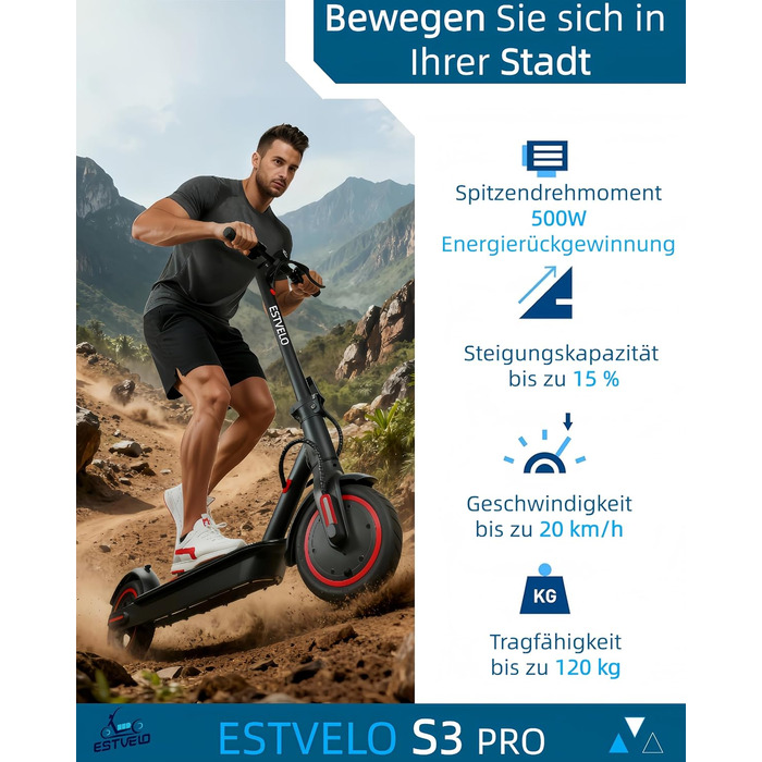 Електросамокат з пневматичними шинами, електричний самокат S3 PRO 20 км/год - нахил 15, запас ходу 30 км, вантажопідйомність 120 кг, подвійна гальмівна система, дисплей, застосунок, електросамокат для дорослих