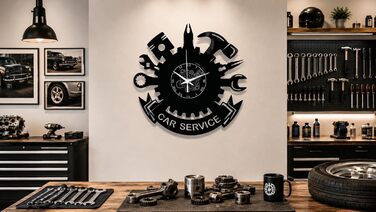 Настінний годинник для автомайстерні Car Service з мотивом інструментів Безшумний кварцовий механізм Ідея подарунка для вітальні, спальні або гаража, чорний