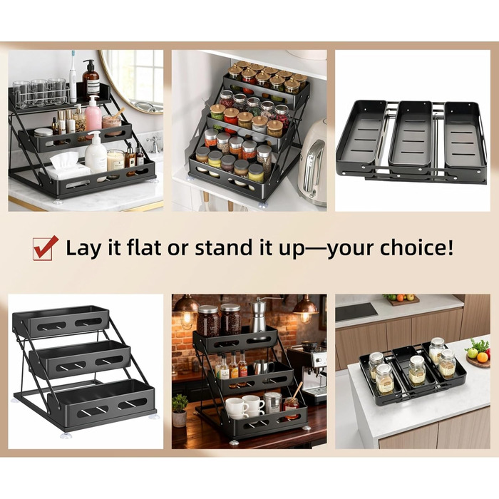 Рівнева складна полиця для спецій Bokelai, регульована по висоті кухонна полиця для зберігання Органайзер для спецій з протиковзкими накладками Металевий органайзер для спецій для шафи та стільниці Чорний - 3 рівні, 3-
