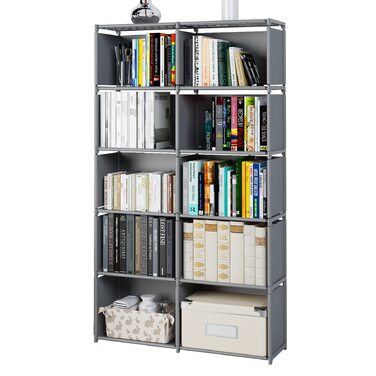Книжкові полиці MOYIPIN, зібрана полиця для зберігання, вертикальна шафа-книжкова полиця для спальні, вітальні, дворядна багатофункціональна шафа для зберігання на 10 ящиків (сіра) сірого кольору, 10 відділень
