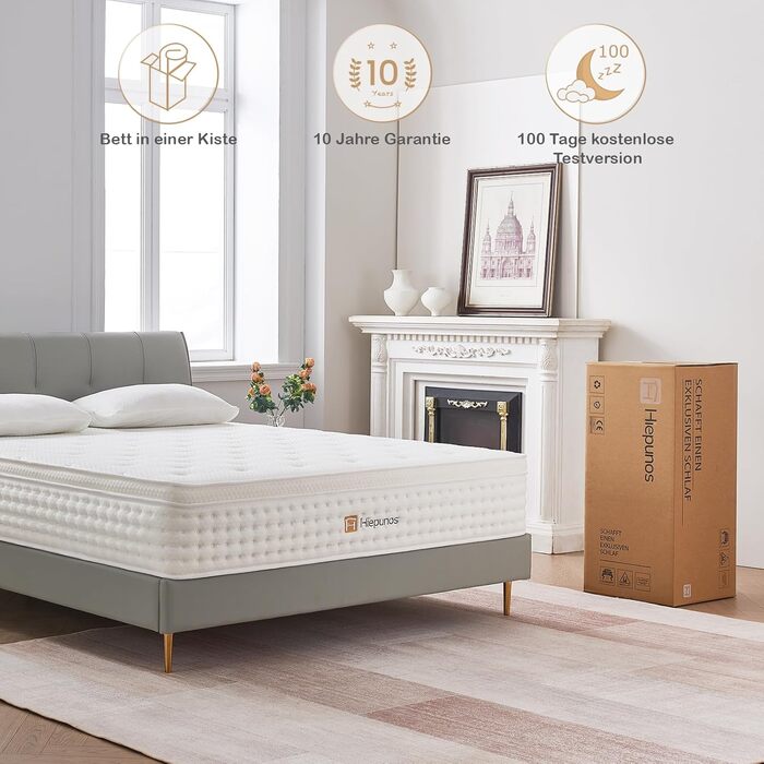 Матрац 140x200 см, висота 26 см, 7-зонний пружинний матрац, ортопедичний пружинний матрац кишенькової форми з комфортним шаром піни з ефектом пам&39яті, рівень жорсткості H3, розвантажує спину, 100-денний пробний період, 26 см, 140x200x26 см