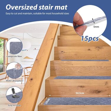 Сходинки, 15 шт. , протиковзкі килимки для сходів, 55 см x 19 см, самоклеючі килимки для сходів, килимок для сходів для дітей, людей похилого віку та домашніх тварин (світло-сірий)