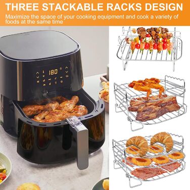 Аксесуари для фритюрниці, 3 рівні решітки для гриля для фритюрниці Багатофункціональна решітка з нержавіючої сталі Стійка для фритюрниці Аксесуари для Philips Airfryer XL 6.2L, COSORI 5.5L 4.7L, Cecotec 6L