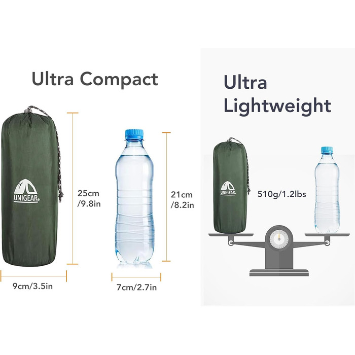 Ультралегкий килимок для сну Unigear 500 г, невеликий розмір упаковки, надувний килимок для сну на свіжому повітрі, походів та пляжу, вологостійкий, водонепроникний та нековзний, багаторазовий армійсько-зелений з подушкою