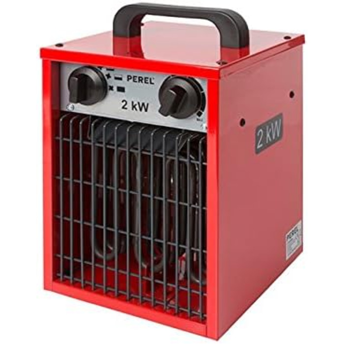 Електричний вентилятор-обігрівач Perel потужністю 2000 Вт з 3 режимами нагріву, термостатом та функцією охолодження, захистом від перегріву IP24, компактний та портативний для майстерні, гаража або сараю, 2000 Вт (3 рівні)